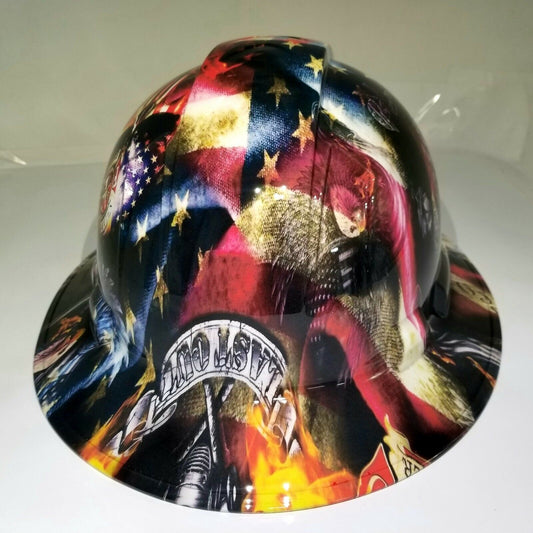 Full Brim Firefighter “First In Last Out” Hard Hat – 4-Point Ratchet Suspension