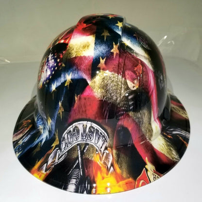 Full Brim Firefighter “First In Last Out” Hard Hat – 4-Point Ratchet Suspension