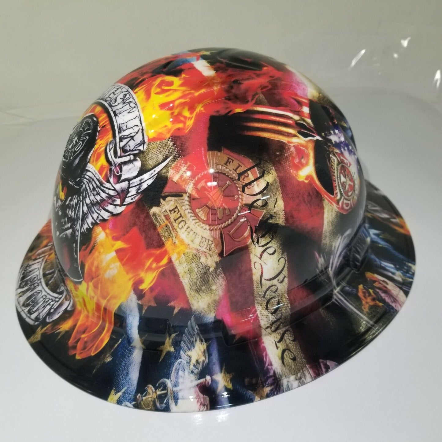 Full Brim Firefighter “First In Last Out” Hard Hat – 4-Point Ratchet Suspension