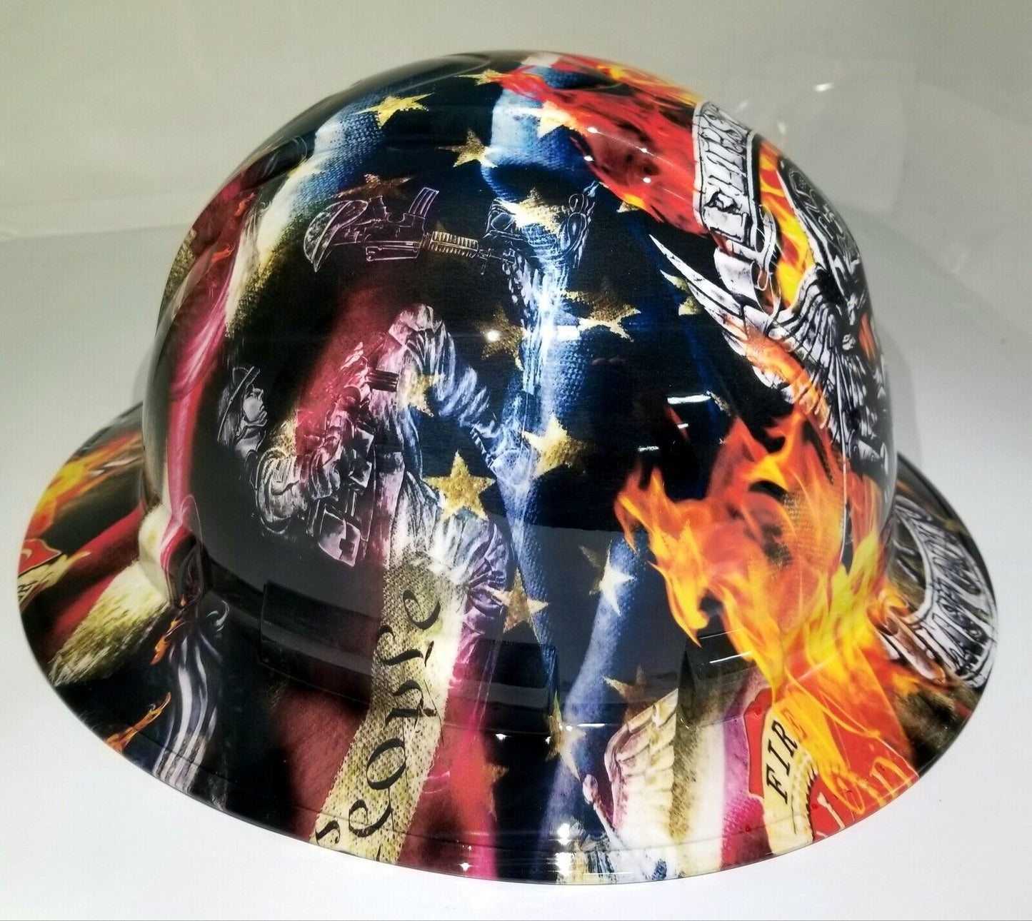 Full Brim Firefighter “First In Last Out” Hard Hat – 4-Point Ratchet Suspension
