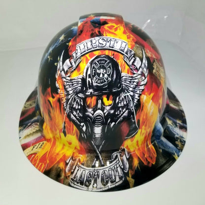 Full Brim Firefighter “First In Last Out” Hard Hat – 4-Point Ratchet Suspension