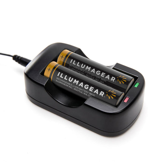 Illumagear battery charger with two batteries on a white background