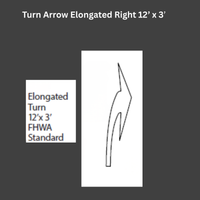 Elongated turn arrow sign with dimensions 12' x 3' and FHWA standard label on a black background.