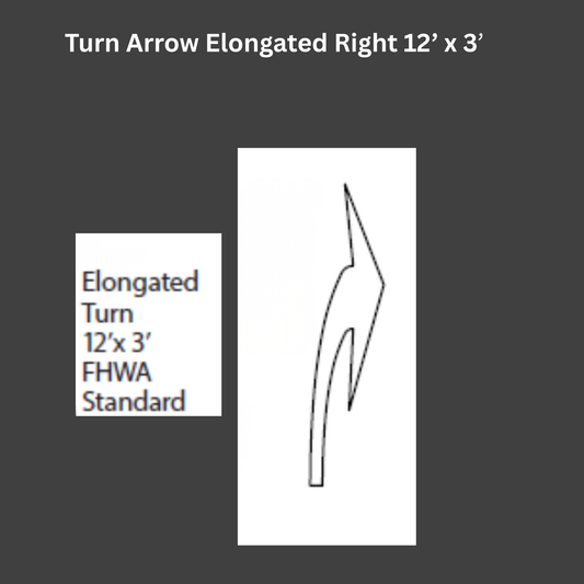 Elongated turn arrow sign with dimensions 12' x 3' and FHWA standard label on a black background.