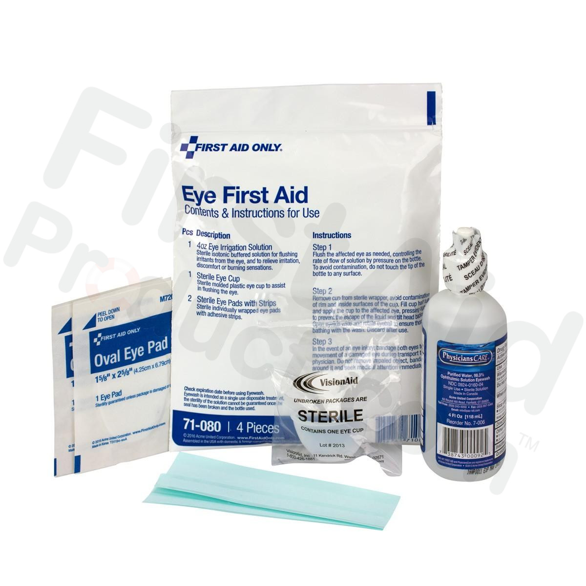 Eye first aid kit with components on a white background