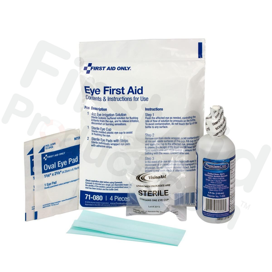 Eye first aid kit with components on a white background